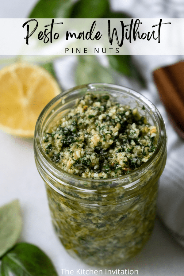 glass jar of pesto sauce without pinenuts
