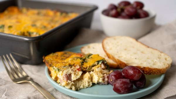 ham and cheese frittata with grapes and sourdough toast