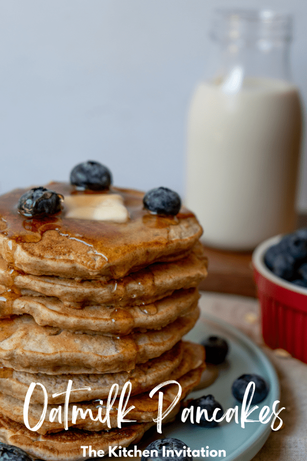 stack of oat milk pancakes with syrup and blueberries
