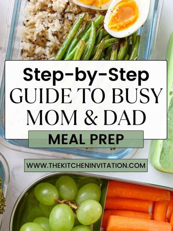 glass containers of meals prepped with text reading step by step guide to busy mom meal prep