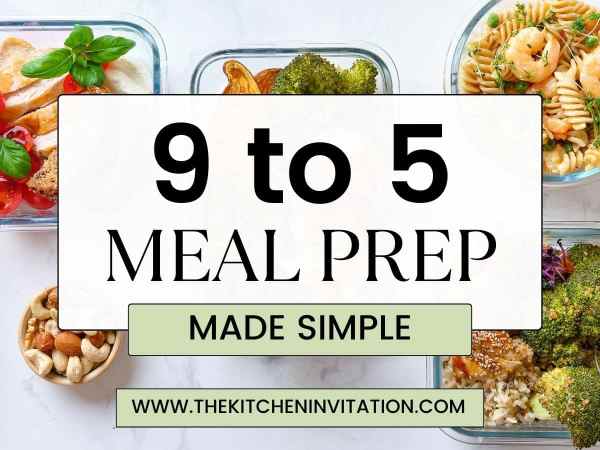 food prepped in glass containers with 9 to 5 meal prep text over lay
