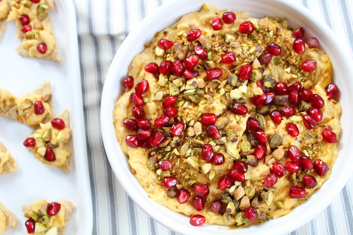 goat cheese butternut squash dip in a white bowl