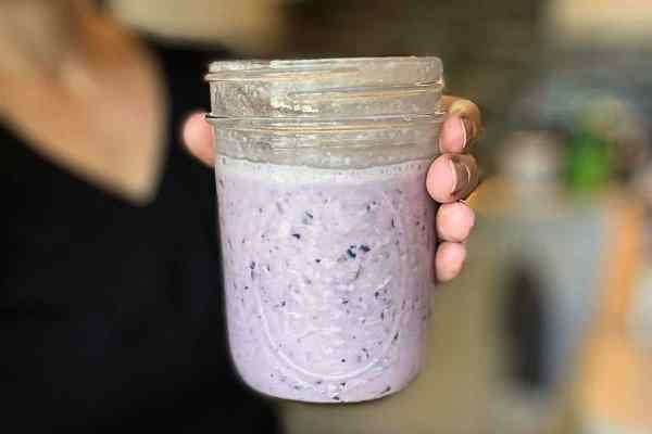 woman holding smoothie made of blueberry lemon and greek yogurt