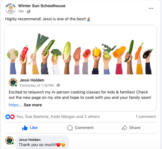 wintersun school house recommending jessi holden for cooking classes for kids