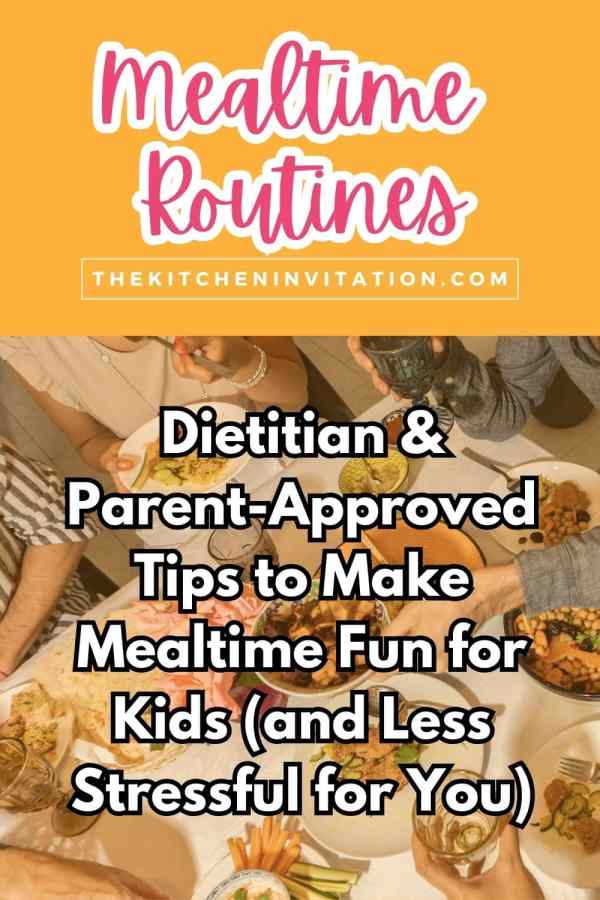 family eating meal together with text at the top saying mealtime routines