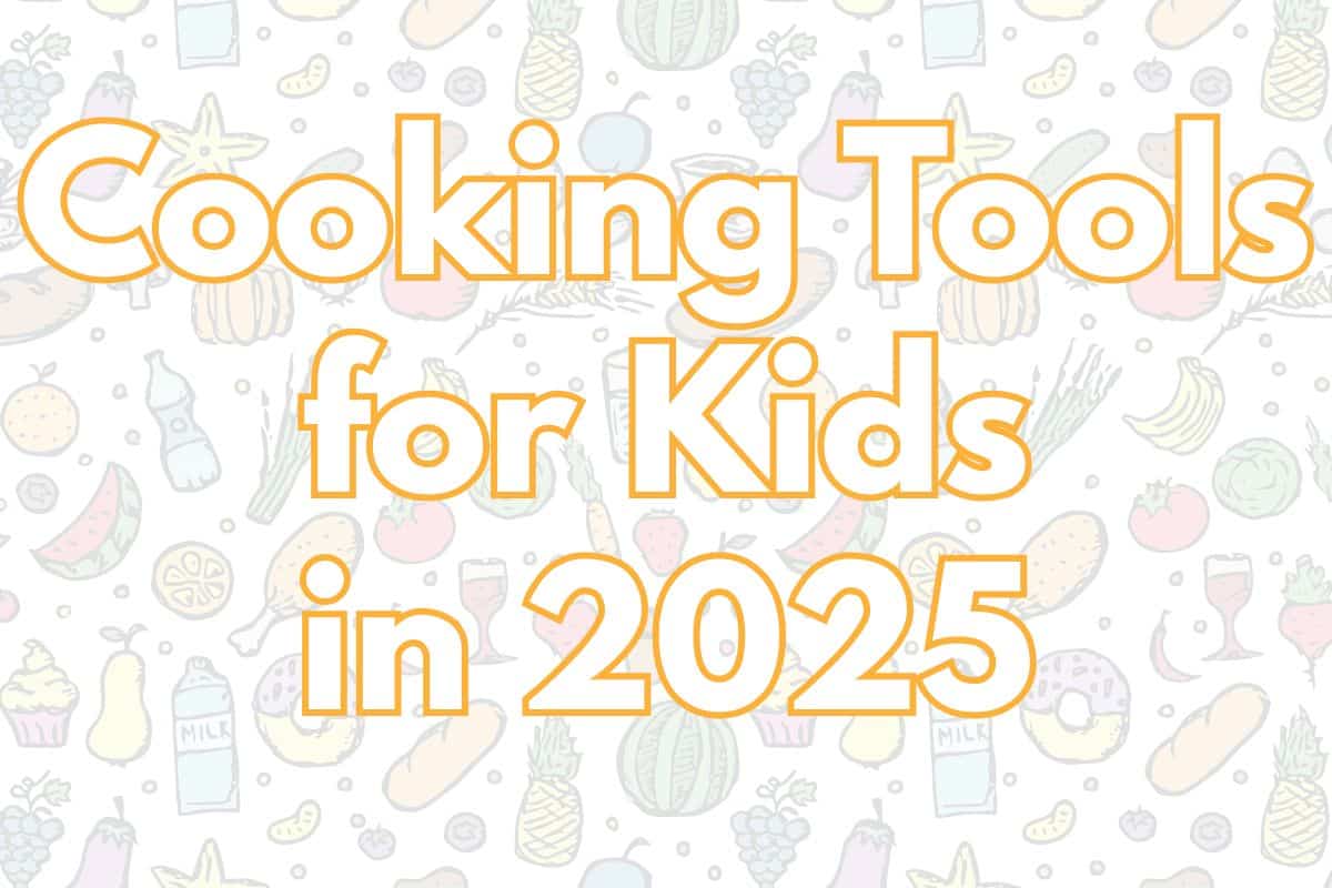 cooking tools for kids in 2025 with produce cartoons behind it